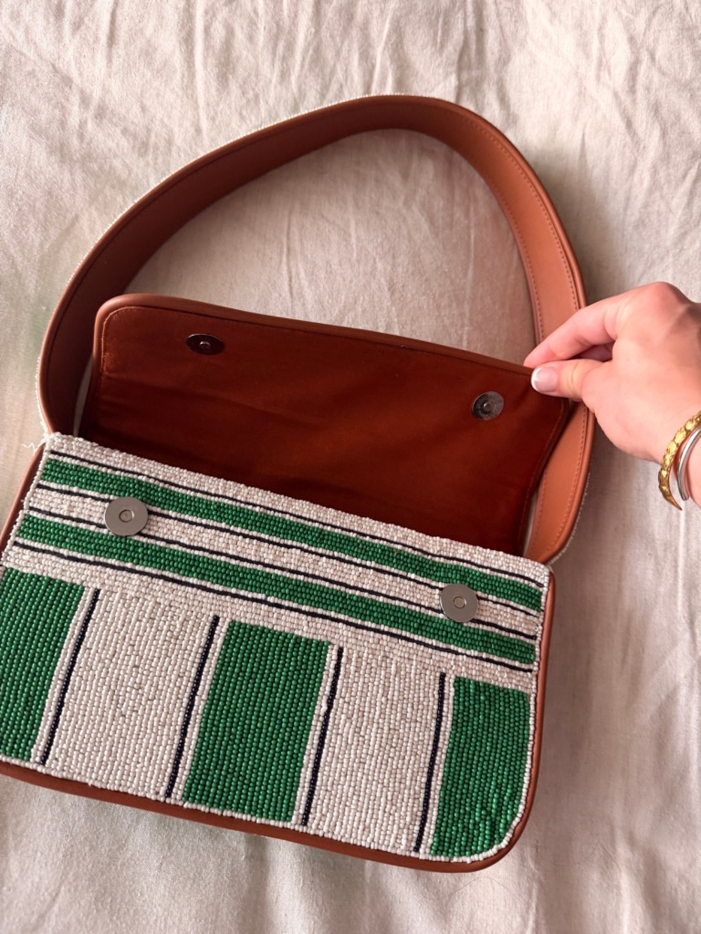 Staud Tommy Beaded Green and White Stripe Shoulder Bag - Picture 2 of 5